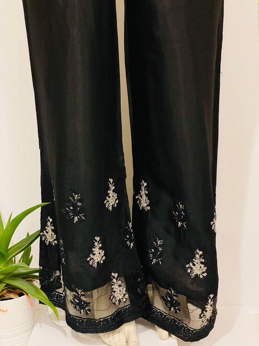 Black drape bootcut Cotton silk trousers, Ladies Pakistani/ Indian Embroidered bell bottoms