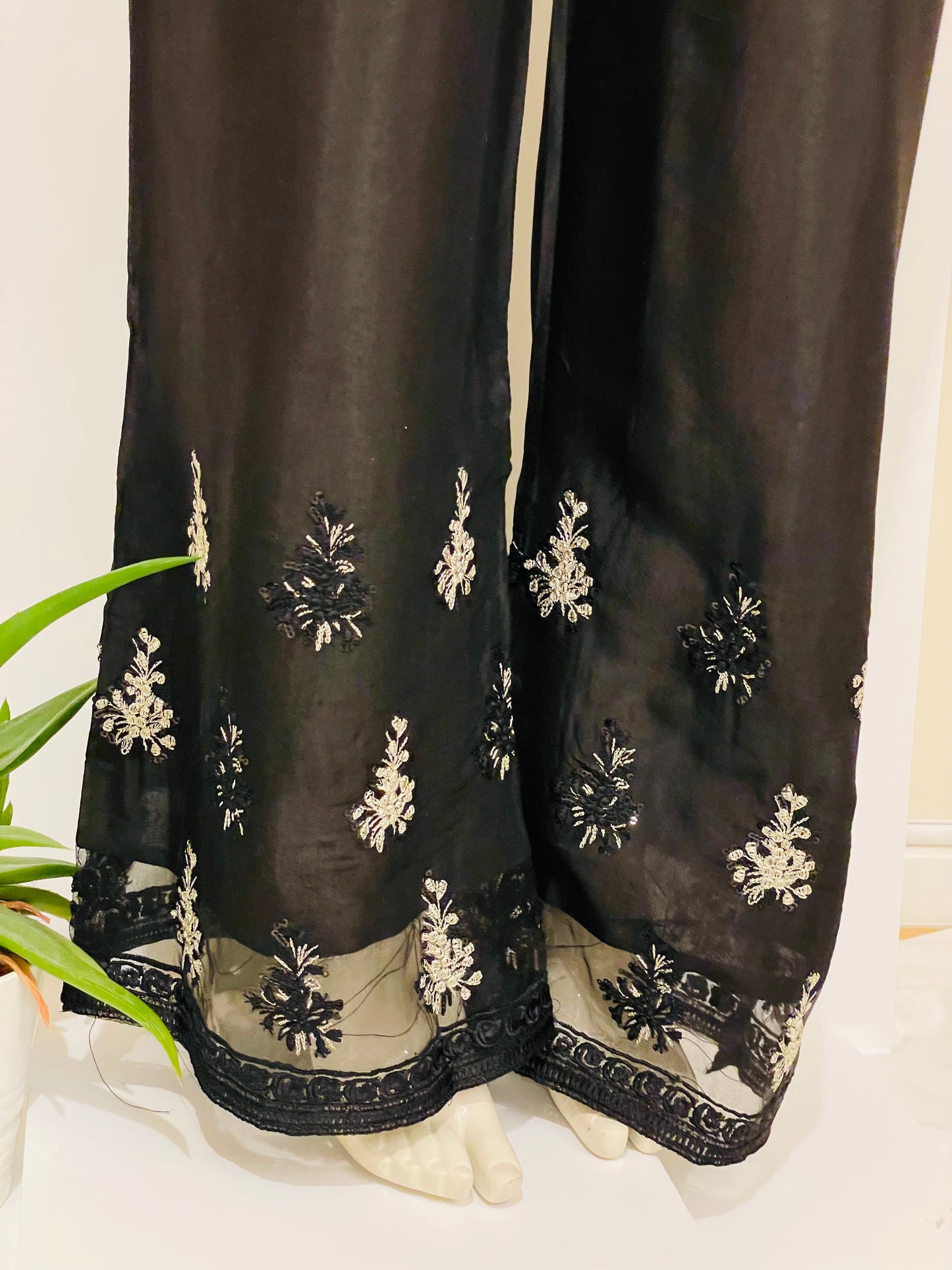 Black drape bootcut Cotton silk trousers, Ladies Pakistani/ Indian Embroidered bell bottoms