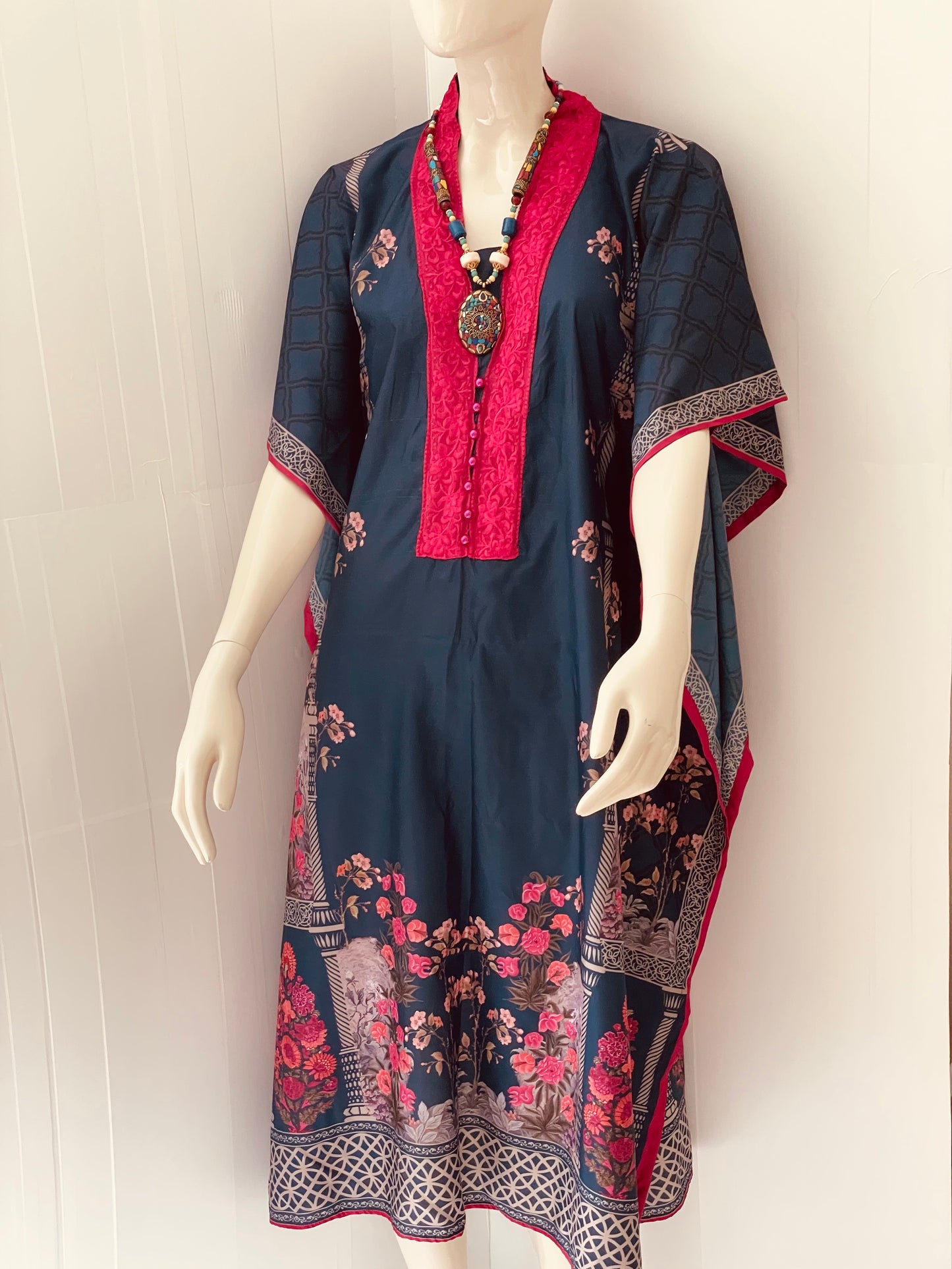100% Silk Navy Kaftan Maxi Dress Luxury Long Tunic Caftan Kimono style Bohemian Dress
