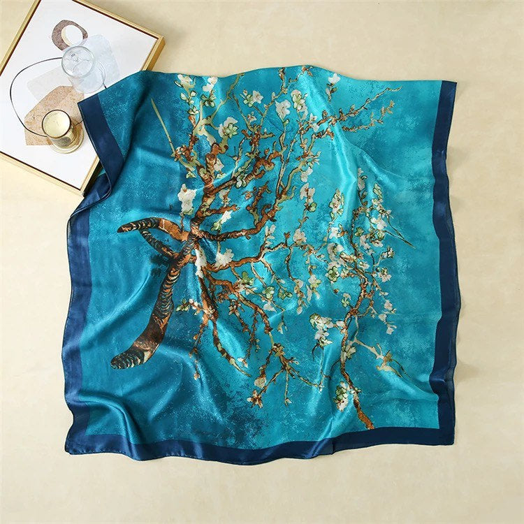 Almond Blossom Print Turquoise 100% Silk Scarves