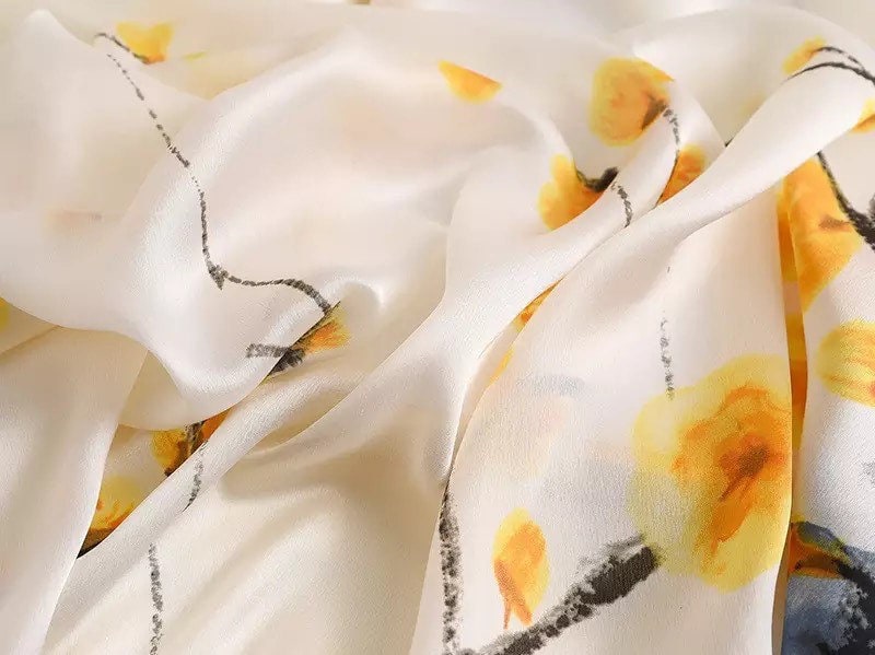 Luxury Silk Scarf in Yellow Cream Floral Fancy Wrap