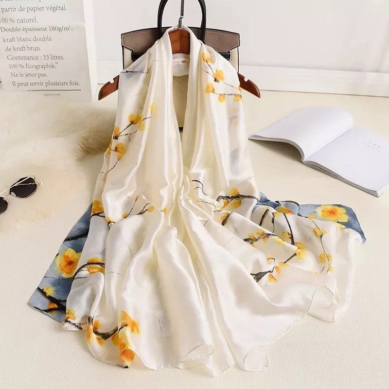 Luxury Silk Scarf in Yellow Cream Floral Fancy Wrap