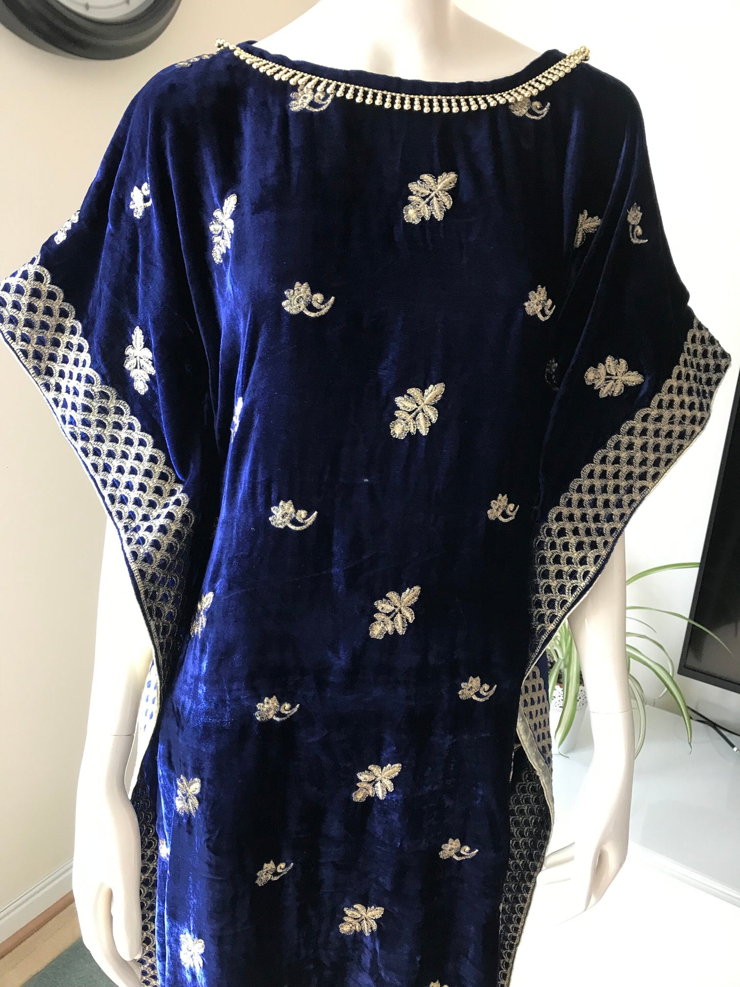 Velvet Navy/Gold embroidered Kaftan Maxi Dress Kimono style Kaftan
