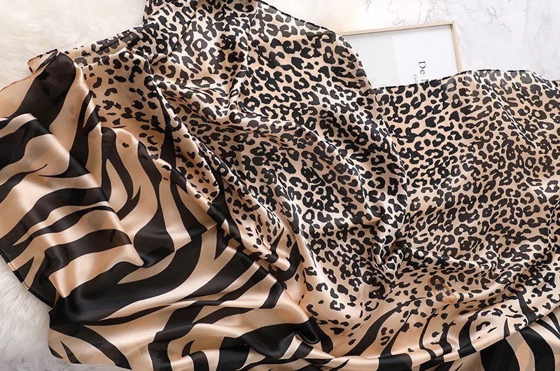 Luxury Womens Scarf in Leopard Print Black Brown Silk