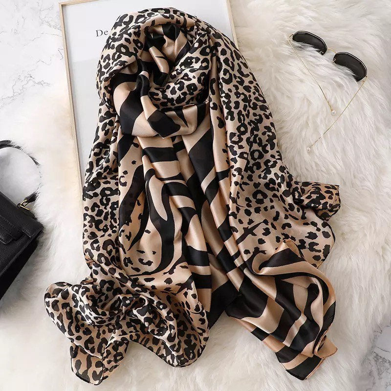 Luxury Womens Scarf in Leopard Print Black Brown Silk